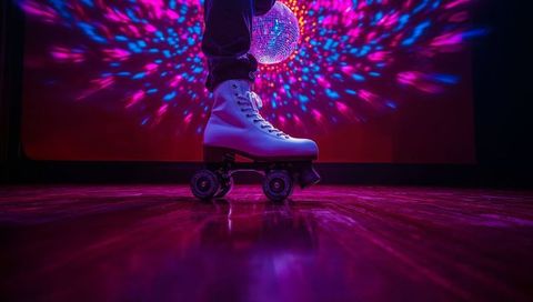 Retro roller disco night gliding white quad skates reflecting neon disco lights