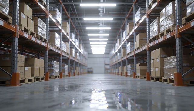 Wide industrial warehouse aisle with pallet racking, shrink-wrapped boxes, polished floor