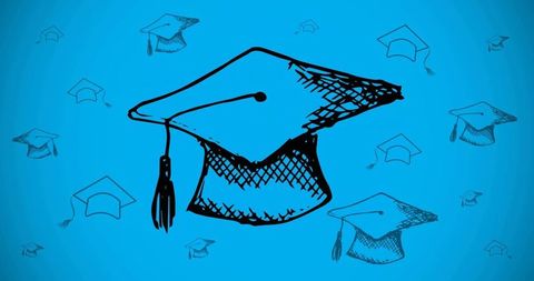 Hand-drawn graduation mortarboard sketch on blue gradient background with repeating caps