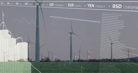 Wind Farm Generating Clean Energy While Dashboard Overlay Displays Currency and Market Analytics