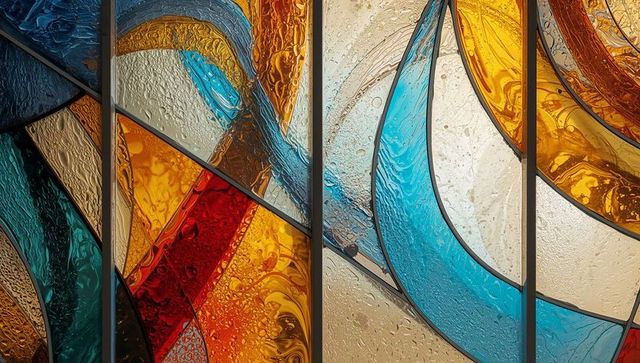 Vibrant stained glass panel with amber and teal textures