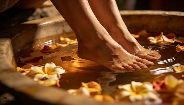 Bare feet soaking in wooden spa basin with plumeria petals and warm amber water