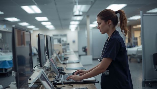 Focused nurse typing at ward workstation with laptop and monitors in modern hospital ward