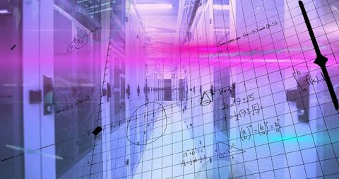 Futuristic data center with calculations and grid overlay