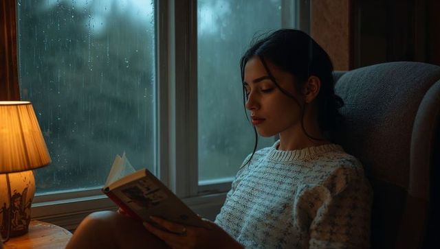 Woman reading paperback in armchair by rainy window under warm lamp light, cozy evening