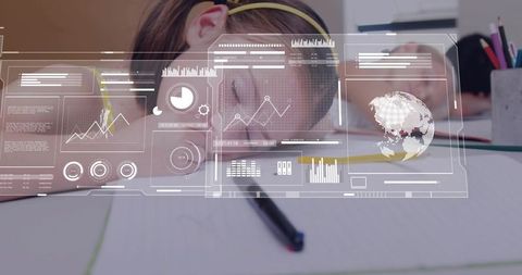 Young Student Leaning on Desk with Futuristic HUD Data Charts and Global Analytics Overlay