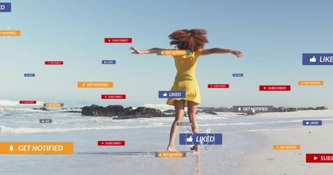 Woman embracing beach freedom with floating social media concepts