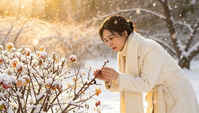 Woman inspecting snow-covered blossoms at golden hour in winter garden