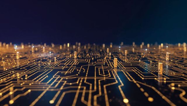 Glowing gold circuit traces and vertical pins on glossy black pcb for futuristic tech