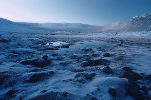 Frozen arctic tundra landscape with blue sky and snow, created using generative ai technology. Scenery, winter and beauty in nature concept digitally generated image.