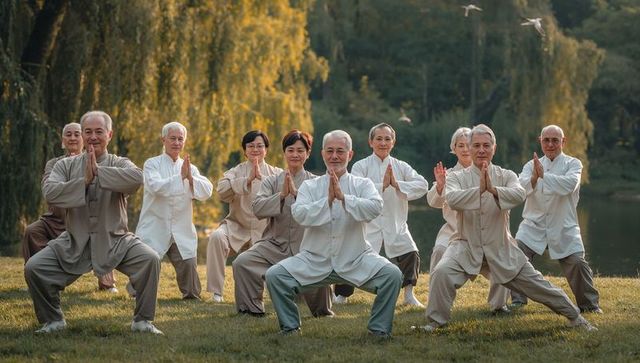 Senior asian adults practicing tai chi low squat in park by lake for wellness and balance