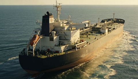 Large oil tanker cruising at golden hour showing rusted hull, deck piping and lifeboat