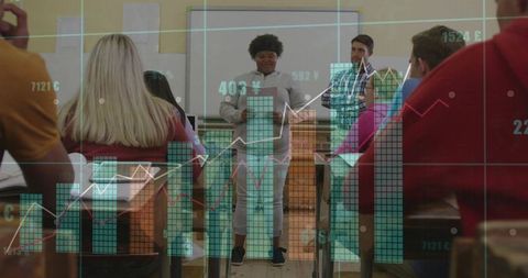 Black student presenting data to classroom using interactive infographics and analytics
