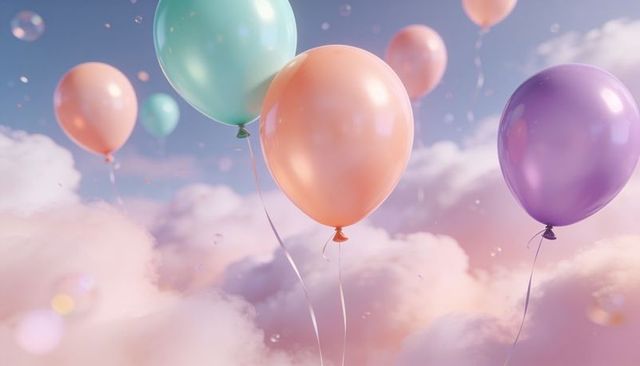Whimsical pastel balloons drifting through cotton candy clouds with soap bubbles and glossy ribbons