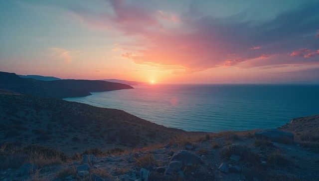 Tranquil Sunset Over Rugged Coastline and Calm Sea