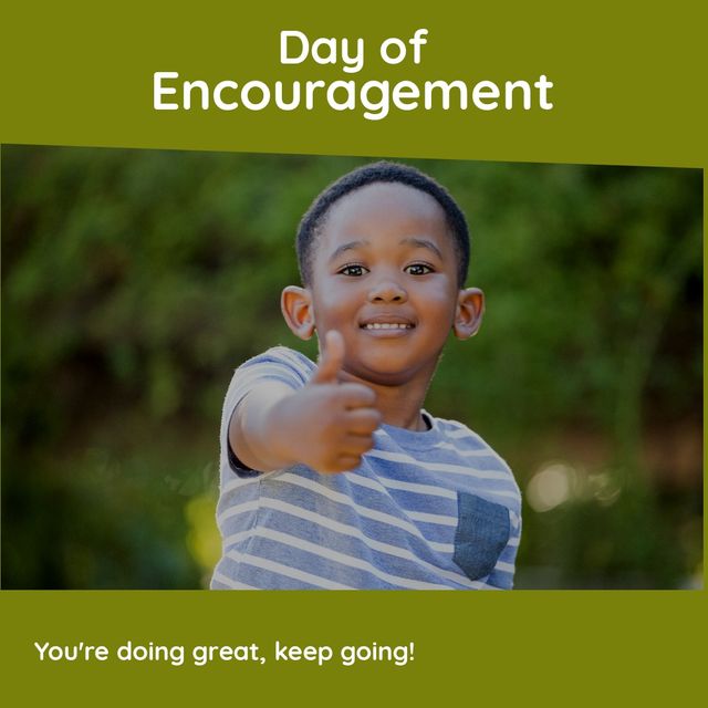African american boy showing thumbs up and day of encouragement with you're doing great, keep going. Text, portrait, composite, childhood, smiling, gesturing, inspire, positive emotion, motivation.
