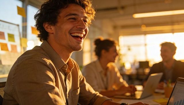 Young professional laughing during team collaboration in sunlit modern coworking workspace