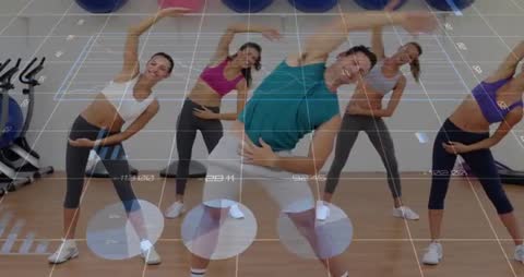 Fitness Trainer Leading Group Exercise with Digital Performance Overlays