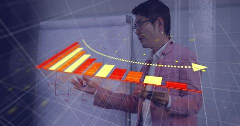 Businessman presenting strategy with declining sales graph