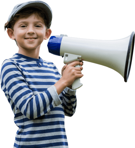 Transparent young boy smiling holding megaphone
