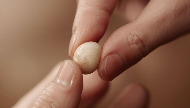 Fingers pinching speckled beige candy bead macro showing skin texture cuticles detail