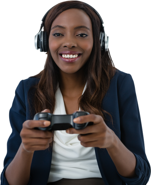 Transparent Businesswoman Gaming with Headphones Staying Relaxed at Work - Download Free Stock Videos Pikwizard.com