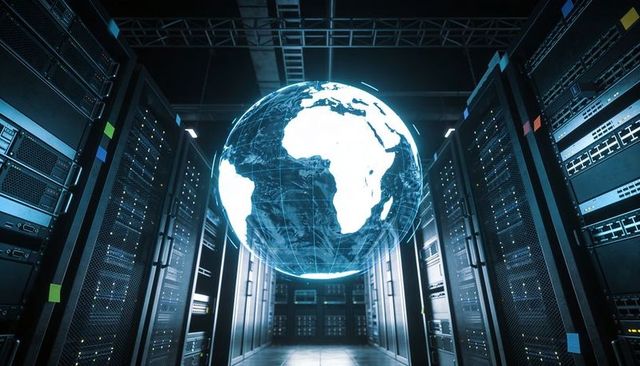 Holographic globe illuminating data center aisle with server racks and futuristic blue glow