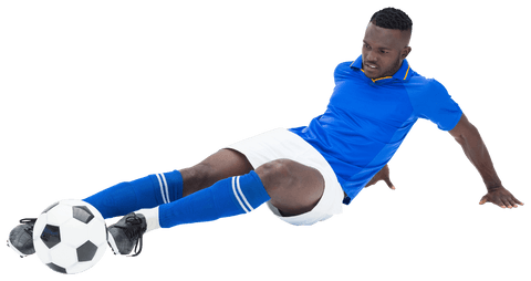 Dynamic african american footballer kicking ball on transparent background