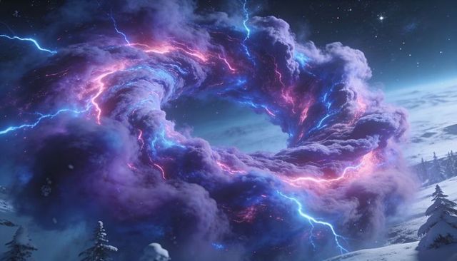 Swirling electric vortex ring hovering above snowy pine slope with purple-blue lightning