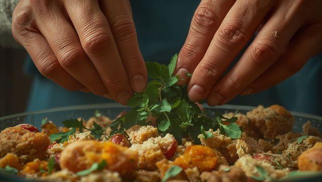 Chef garnishing tasty couscous with fresh herbs in rustic kitchen
