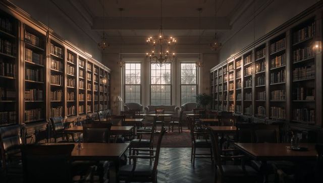 Classic University Library Interior with Central Window Seating and Warm Wood Bookshelves