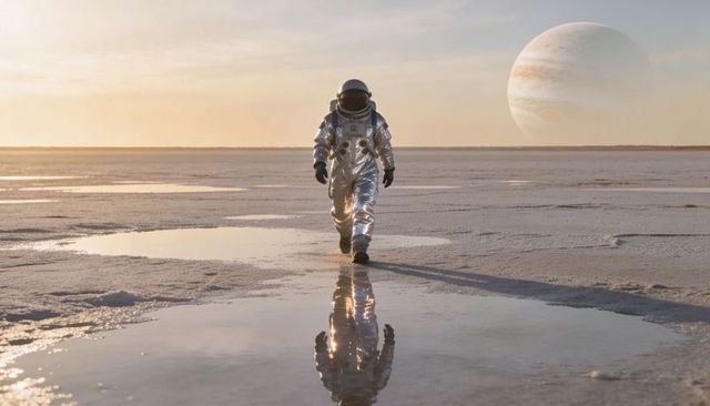 Astronaut Walking Across Salt Flat at Golden Hour in Reflective Suit with Giant Planet on Horizon