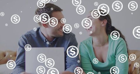 Happy Couple Managing Finances with Dollar Symbols Overlay - Download Free Stock Images Pikwizard.com