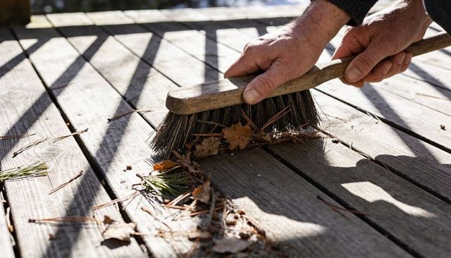 Senior hands sweeping weathered wooden deck with broom, gathering autumn leaves and needles