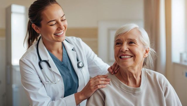 Smiling clinician comforting senior patient during medical consultation, compassionate care