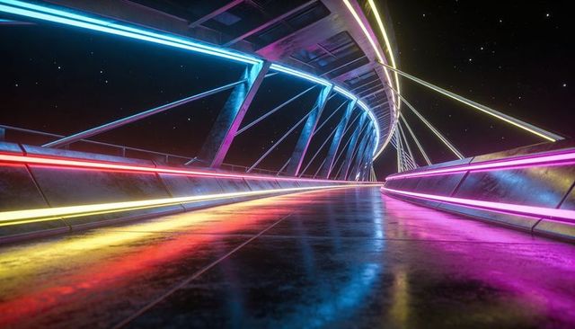 Glowing curved pedestrian skyway reflecting neon led lights on futuristic urban bridge