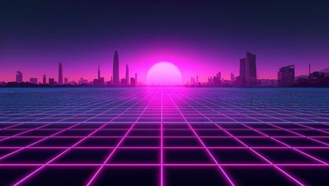 Synthwave neon grid converging toward glowing sun over futuristic city skyline