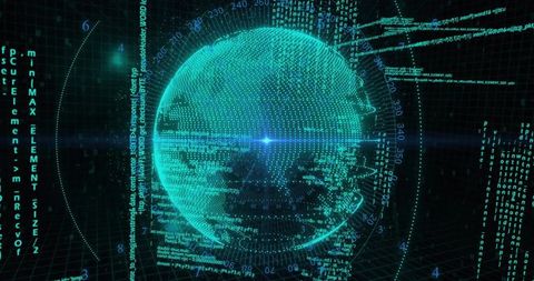 Teal data globe rotating in holographic tech hud with pulsing flare and orbit rings
