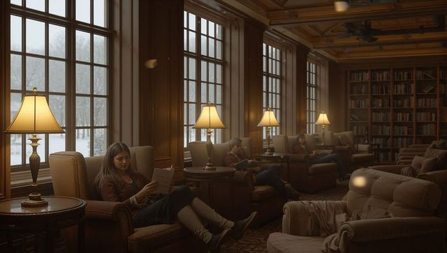 Asian woman reading in cozy library armchair with snowy windows and warm lamp glow