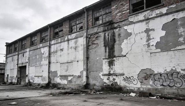 Crumbling two-story warehouse facade with graffiti in abandoned industrial yard