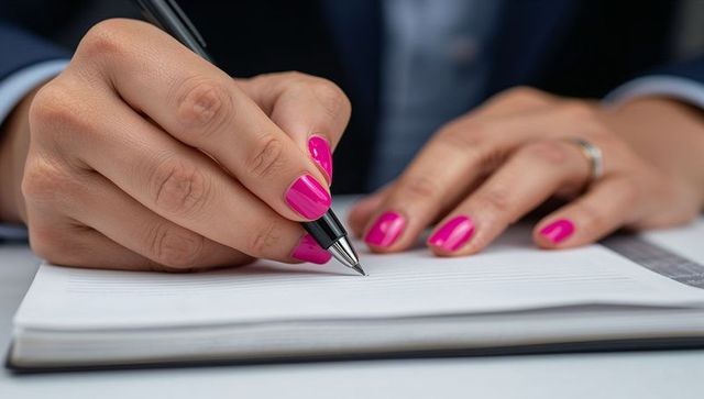 Businesswoman signing contract with bright pink manicure, closeup hands writing in notebook