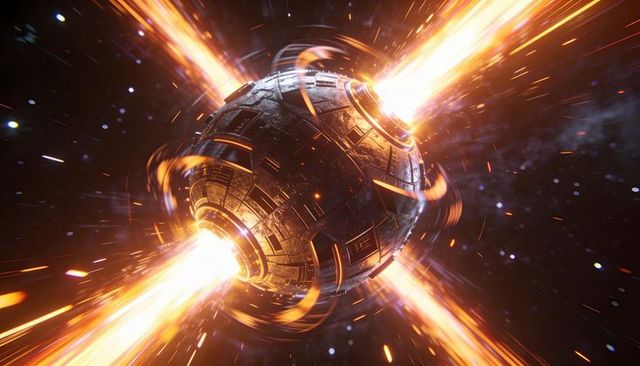Armored energy orb emitting quad plasma beams with glowing reactor rings and sparks