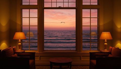 Coastal sitting area bathing in warm amber light with sunset ocean view through window
