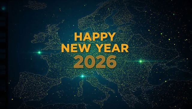 Golden Happy New Year 2026 Over Digital Europe Map With Neon Network Lights