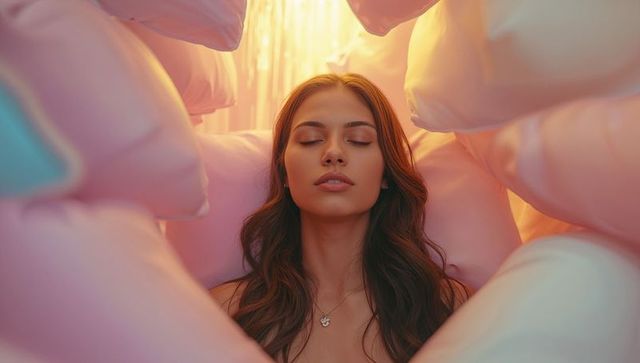 Serene Woman Relaxing in Pastel Cushion Setting