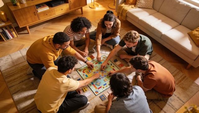 Diverse friends enjoying colorful board game night on sunlit midcentury living room rug