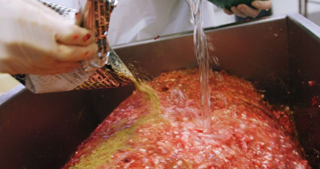 Chef Adds Spices and Water to Ground Meat for Perfect Recipe - Download Free Stock Images Pikwizard.com