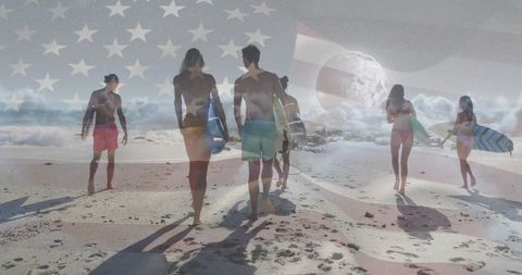 Group of Surfers Heading to Ocean with Flag Overlay