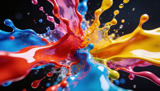 Colliding color splashes creating glossy paint droplets in high-speed motion