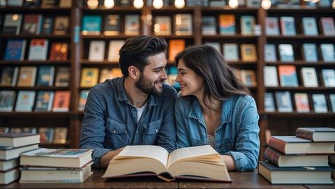 Smiling lovers in denim reading book at library table